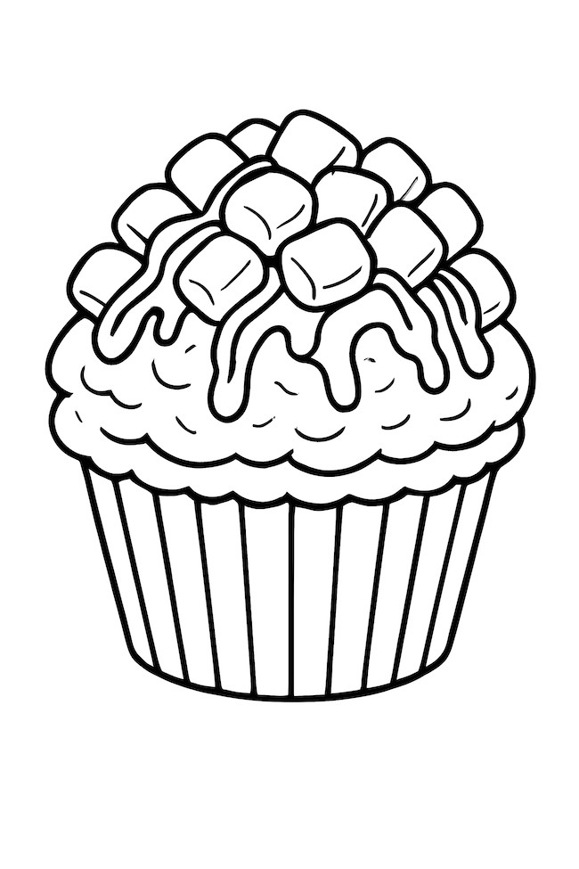 Coloring page of a cupcake with mini marshmallows and chocolate drizzle on frosting