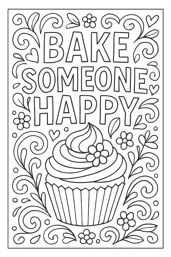 Coloring page featuring a cupcake with swirled frosting and floral decorations, alongside the text 'Bake Someone Happy'