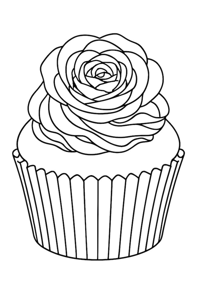 Coloring page of a cupcake topped with a detailed buttercream rose and a striped paper liner