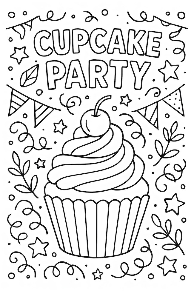 Coloring page of a cupcake topped with a cherry, surrounded by festive decorations like banners and stars