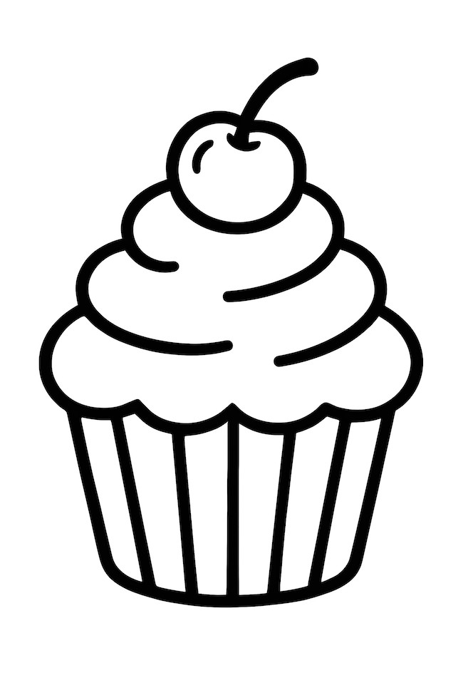 Coloring page of a cupcake topped with a cherry and decorative swirl lines