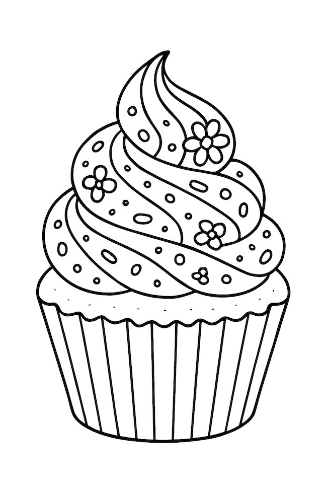 Coloring page of a cupcake featuring double swirl icing with contrasting colors and floral decorations