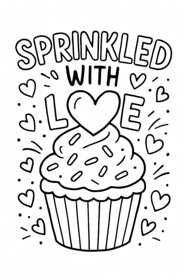 Coloring page of a cupcake topped with sprinkles and a heart, surrounded by decorative hearts