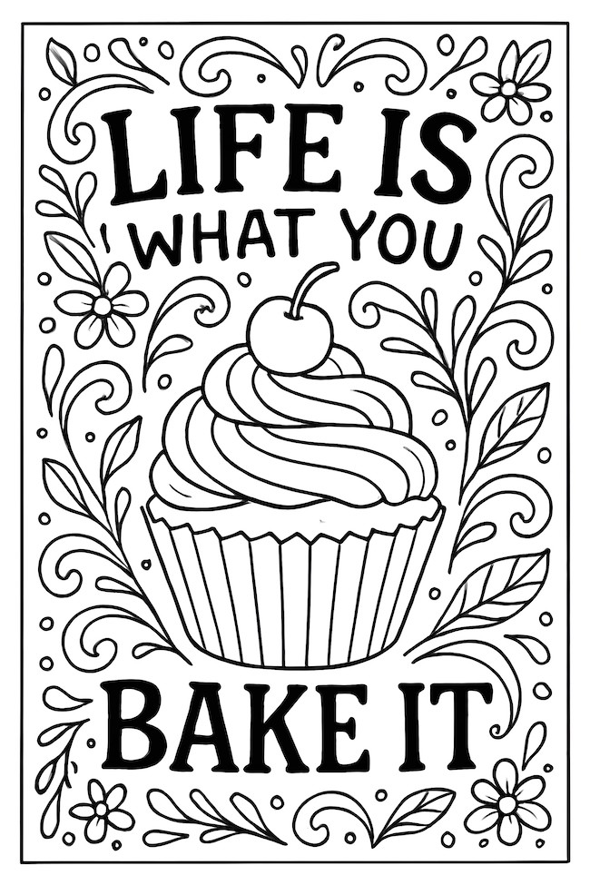 Coloring page of a cupcake with swirled frosting and a cherry on top, surrounded by floral decorations and the phrase 'Life is what you bake it.'