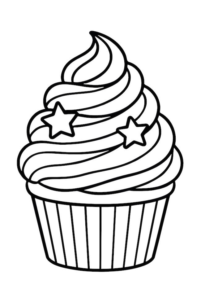 Coloring page of a cupcake with multicolored frosting swirls and star-shaped decorations