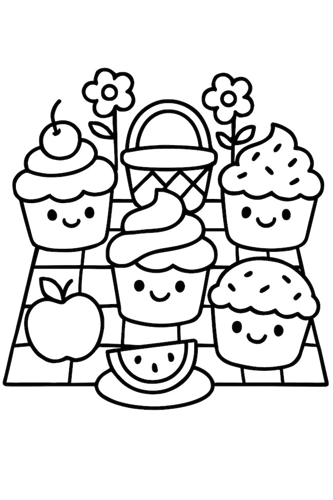 Coloring page of a picnic scene featuring cheerful cupcakes on a blanket with flowers and a basket, accompanied by fruit slices.