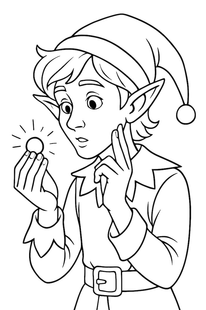 Coloring page of a curious elf holding a small glowing object, with detailed facial features and a pointed hat