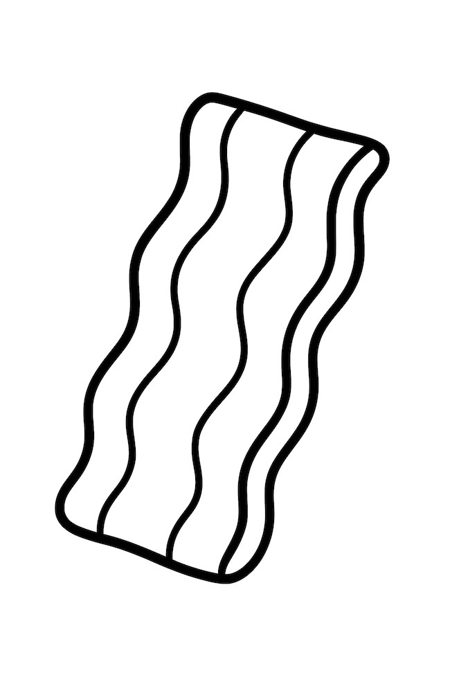 Coloring page of a curled bacon strip with wavy lines and slight indentations