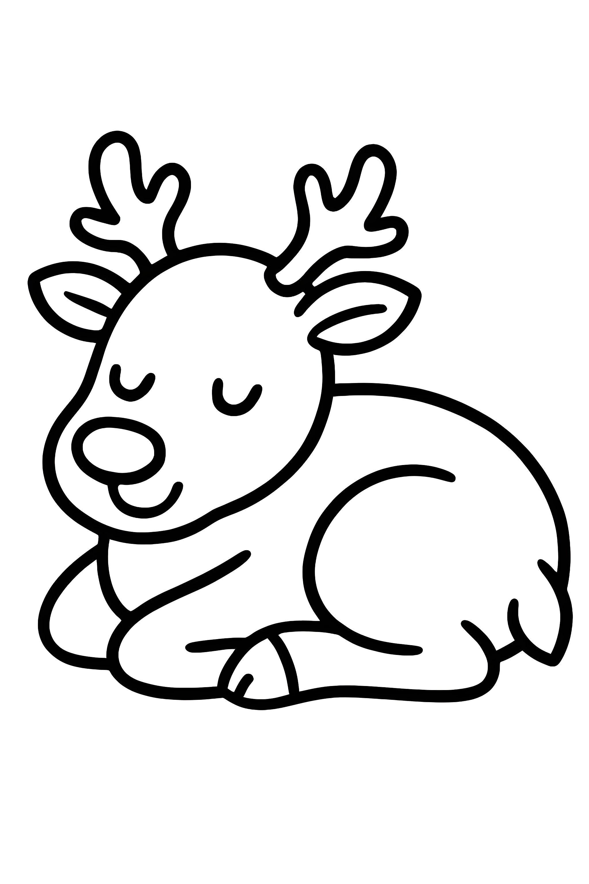 A sleeping reindeer with closed eyes and prominent antlers, resting comfortably on its side.