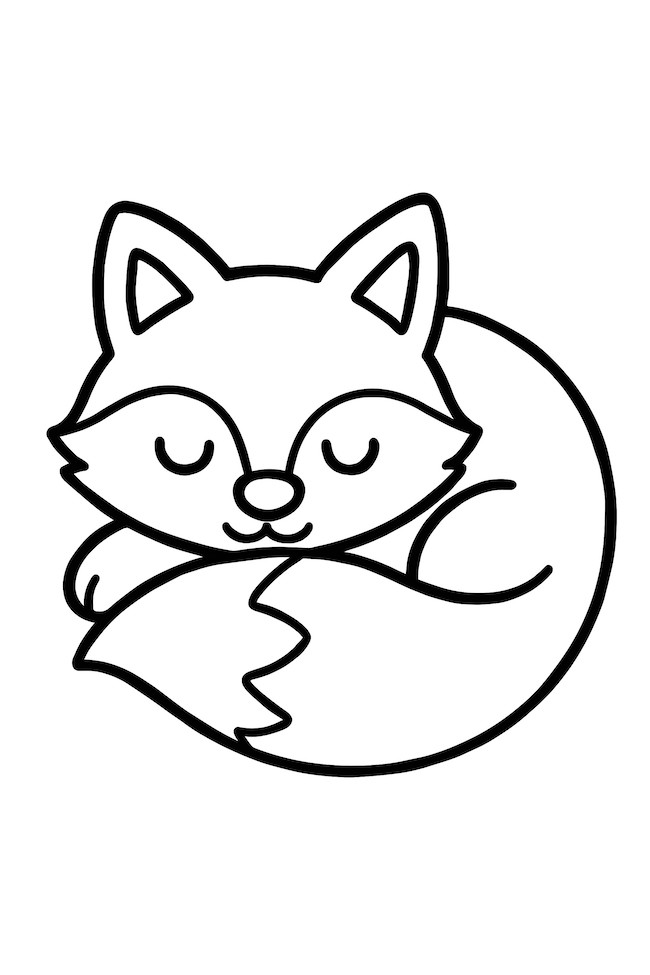Coloring page of a sleeping fox curled up into a ball with closed eyes and bushy tail