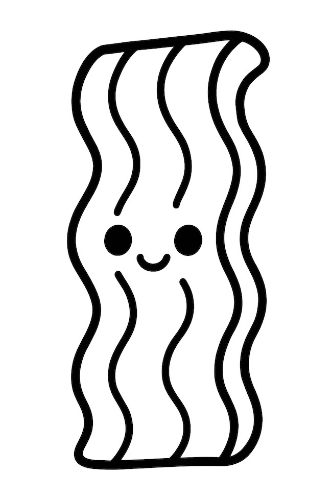 Coloring page of a bacon strip with one end curled and a smiling face