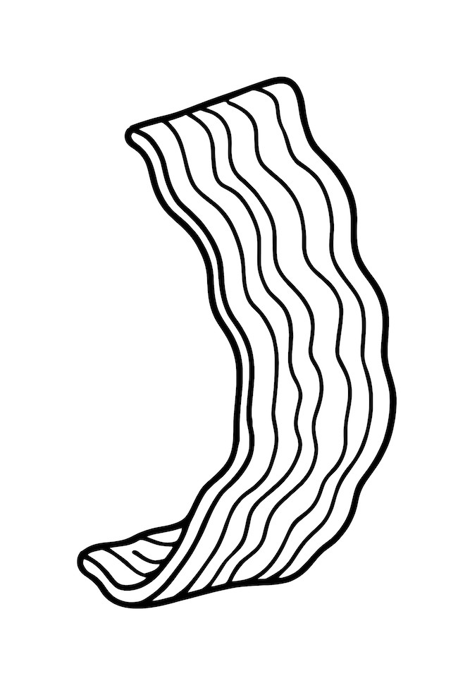 Coloring page of a perfectly curved slice of bacon with wavy lines and details