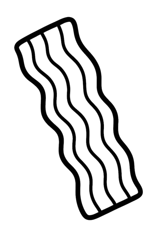 Coloring page of a single, extra-crispy bacon strip slightly bent with wavy texture and thick edges