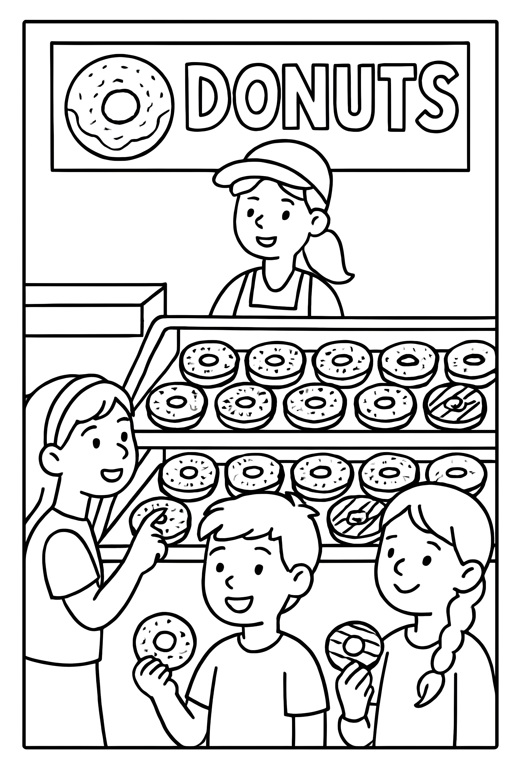 Coloring page of a donut store with a menu sign and children selecting donuts from a display