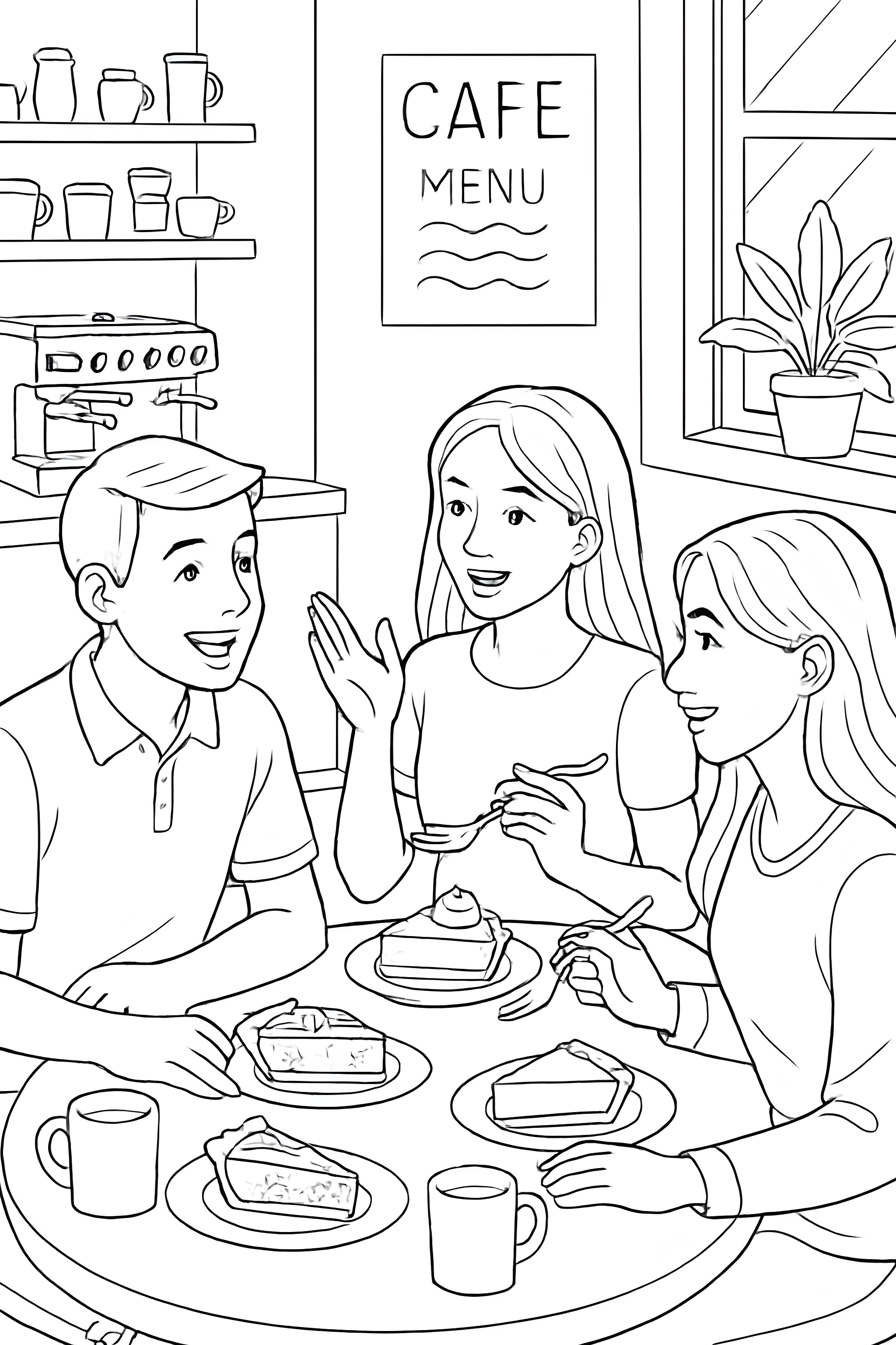 Coloring page of a cafe scene with three customers enjoying various pie slices and drinks at a table, with a menu on the wall and a coffee machine in the background