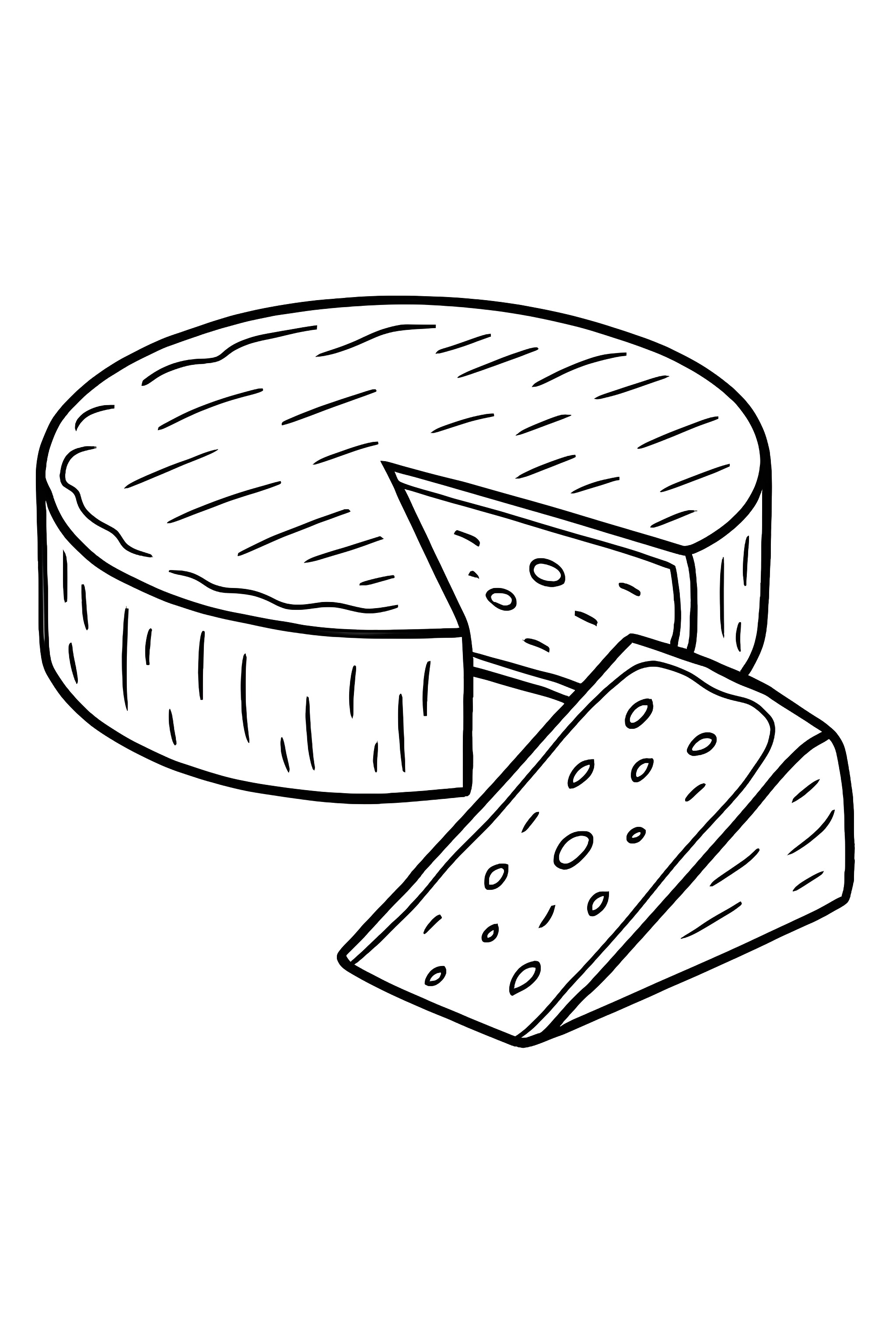 Coloring page featuring a cut wheel of brie cheese with a wedge removed, displaying textured surface details and dotted interior