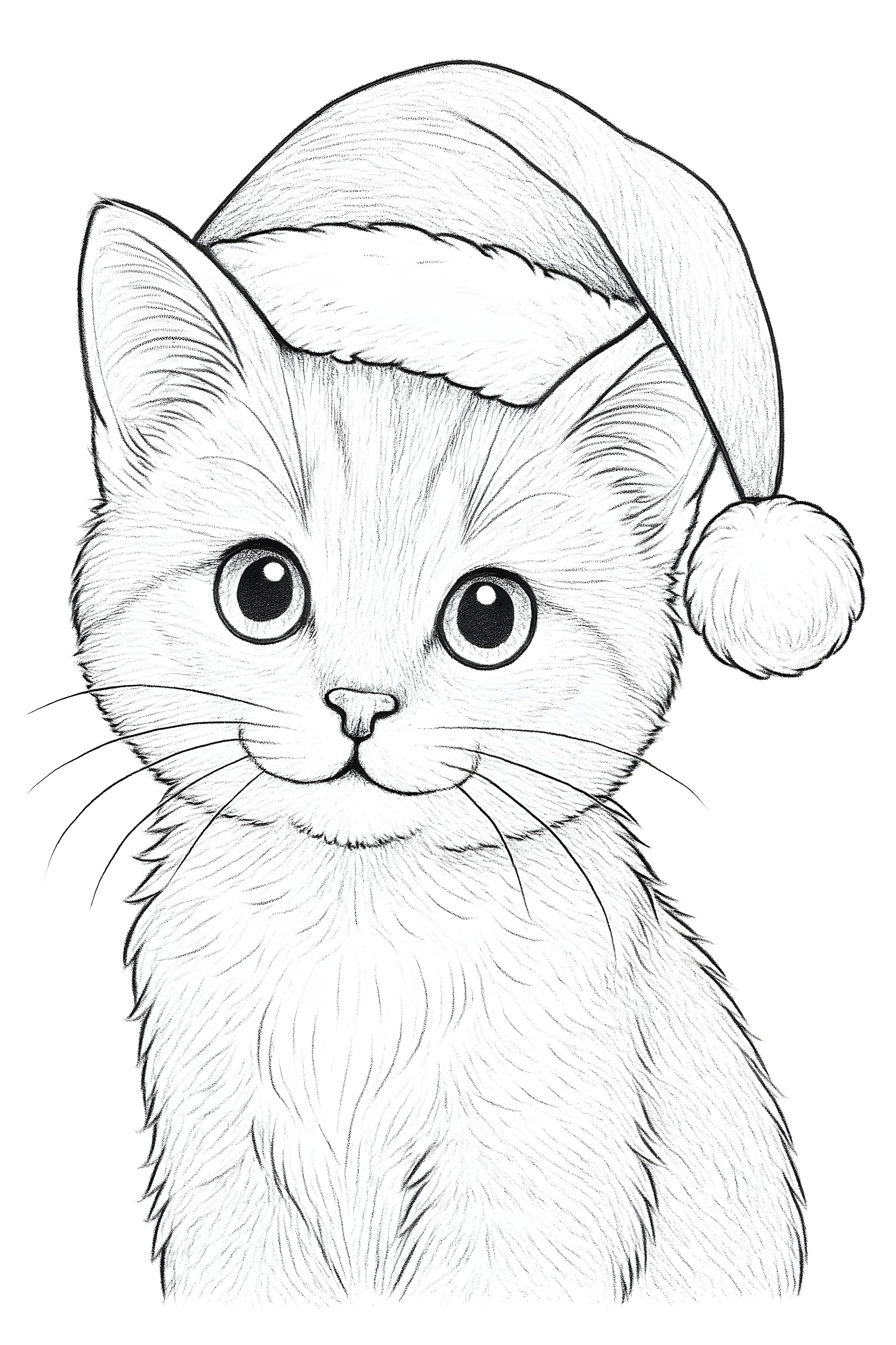 Coloring page featuring a cute cat with big eyes wearing a fluffy Santa hat with a pom-pom