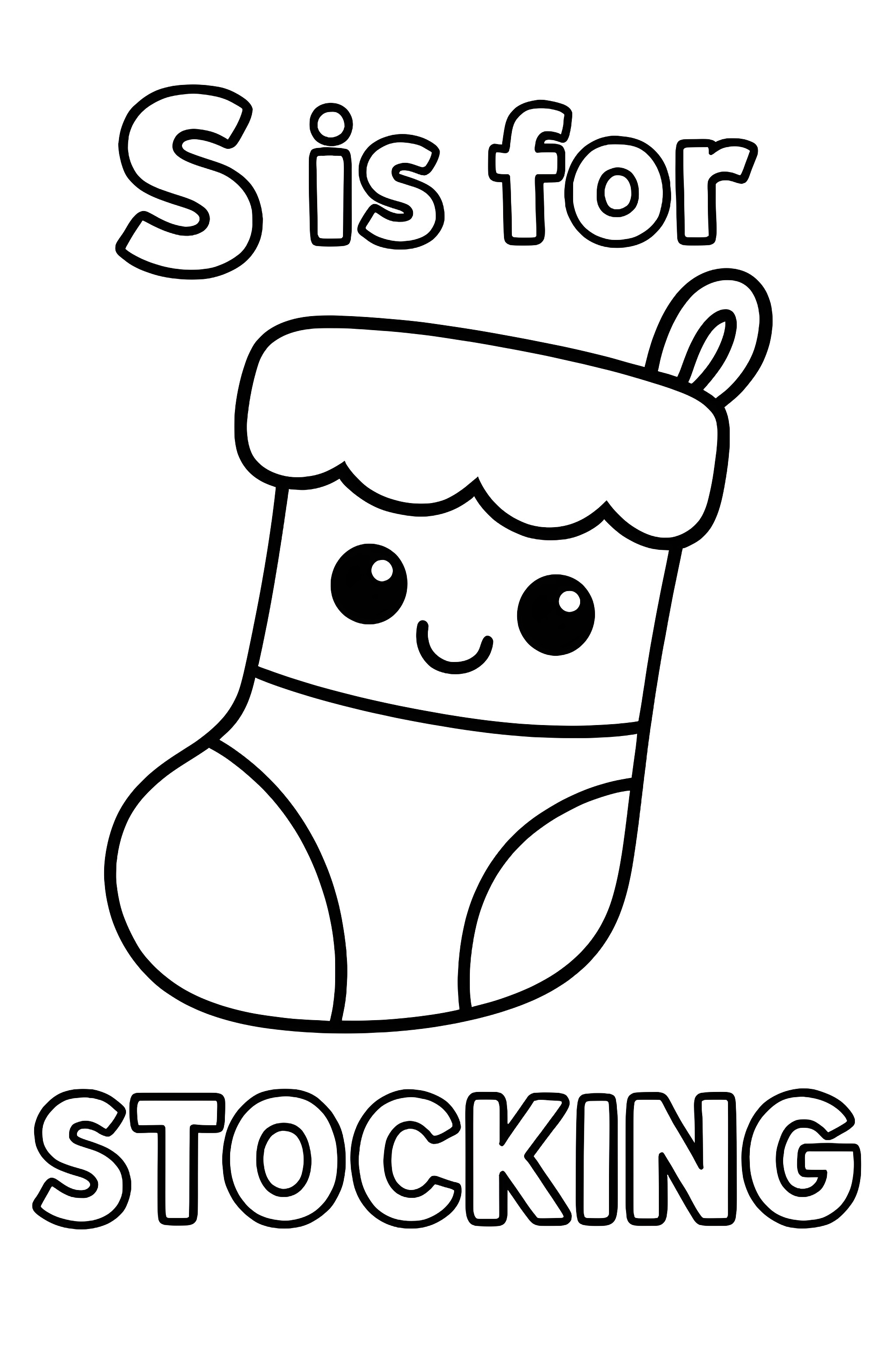 Coloring page featuring a smiling stocking with the text 'S is for Stocking' above and below it