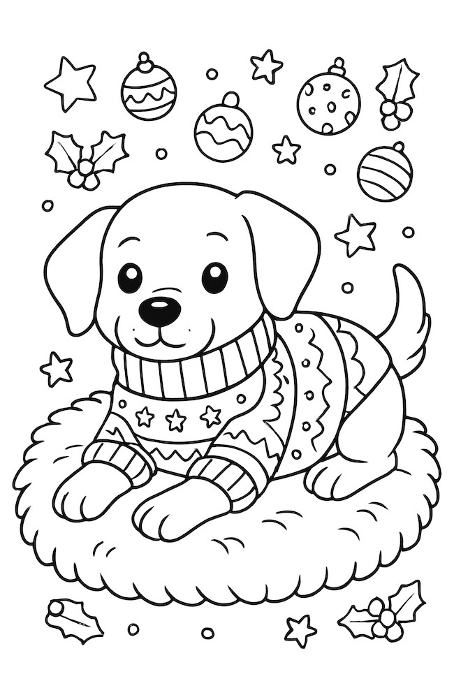 Coloring page of a cute dog wearing a holiday sweater, laying on a fluffy rug surrounded by festive ornaments and stars