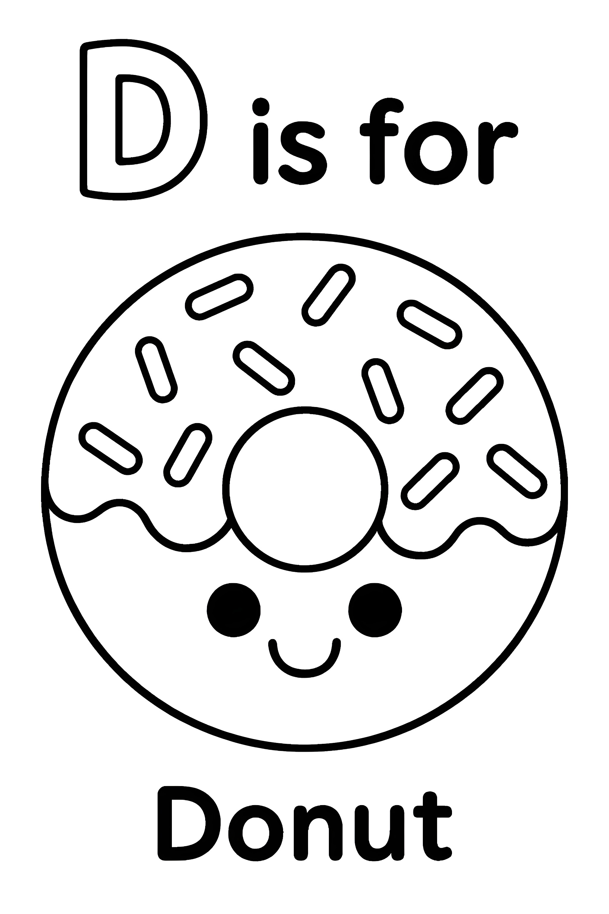 Coloring page featuring a cute donut with sprinkles and a smiley face beneath the text 'D is for Donut'