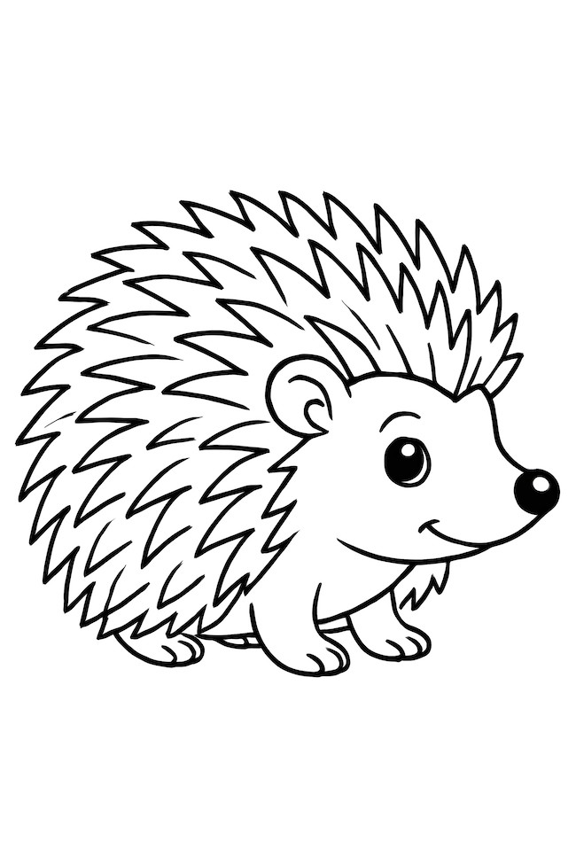 Coloring page of a cute hedgehog displaying prominent spines and a friendly expression