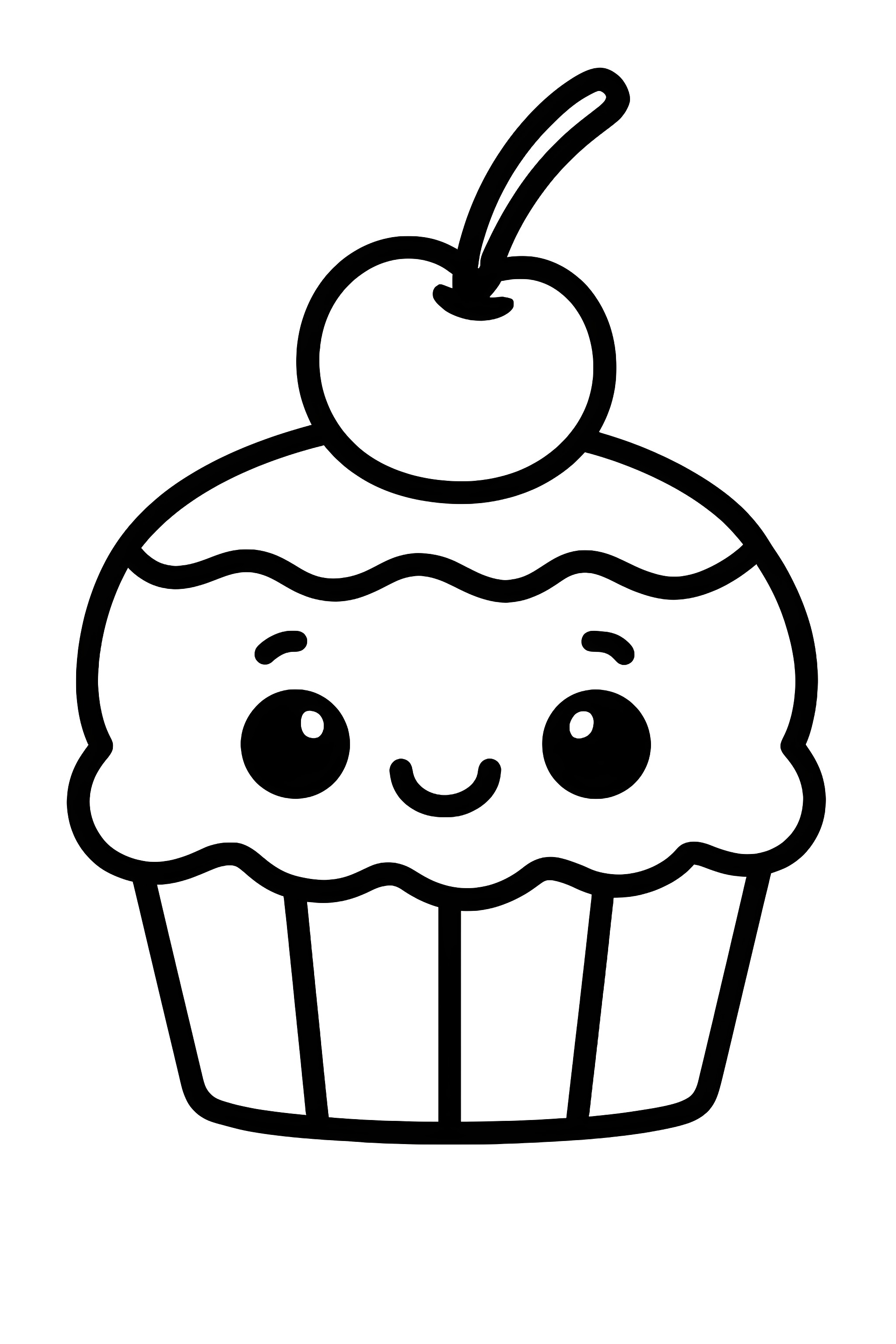 Coloring page of a mini brownie bite topped with a smiling face and a cherry on top, featuring wavy frosting details