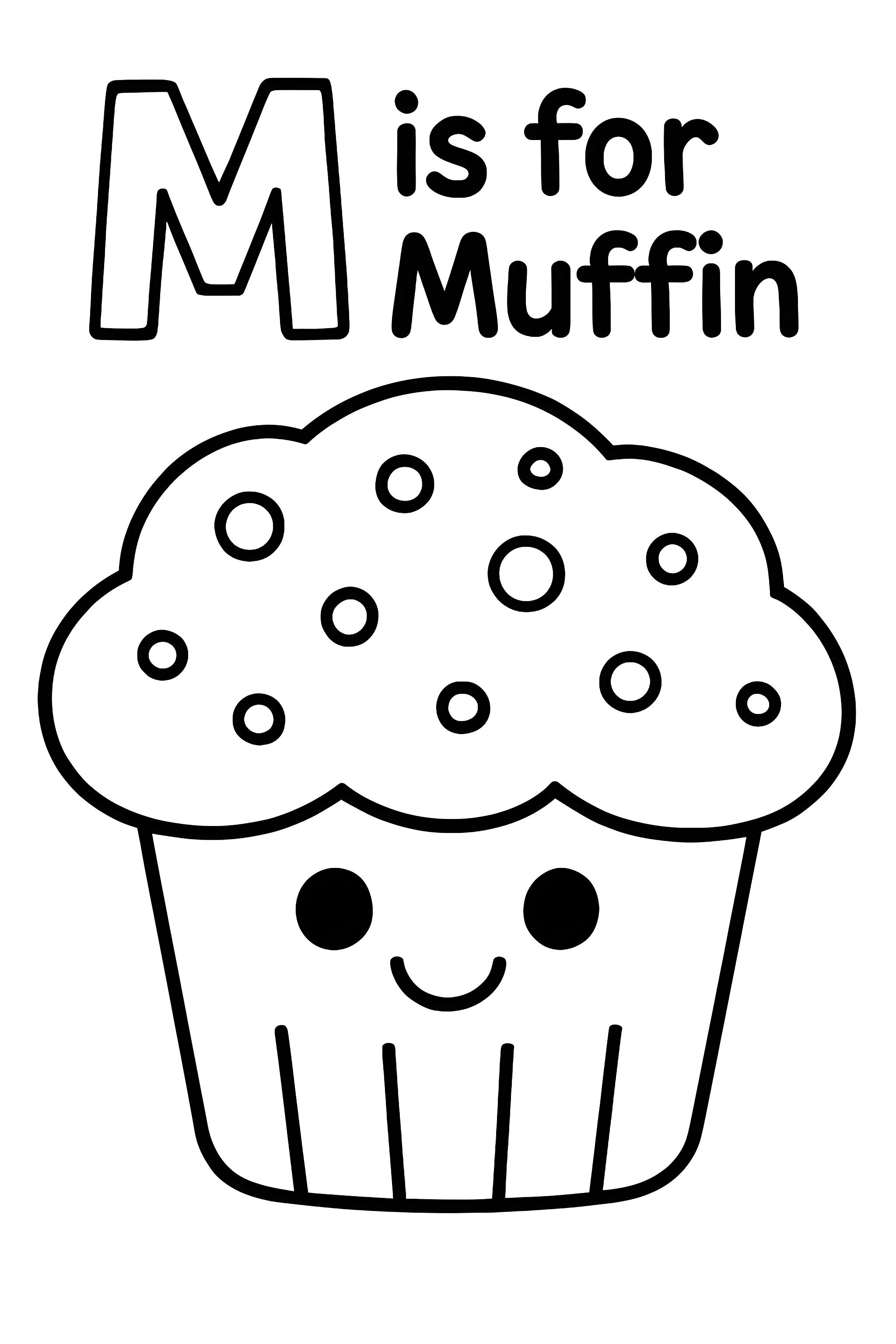 Coloring page featuring a smiling muffin with a textured base and dotted frosting, accompanied by the letter M.