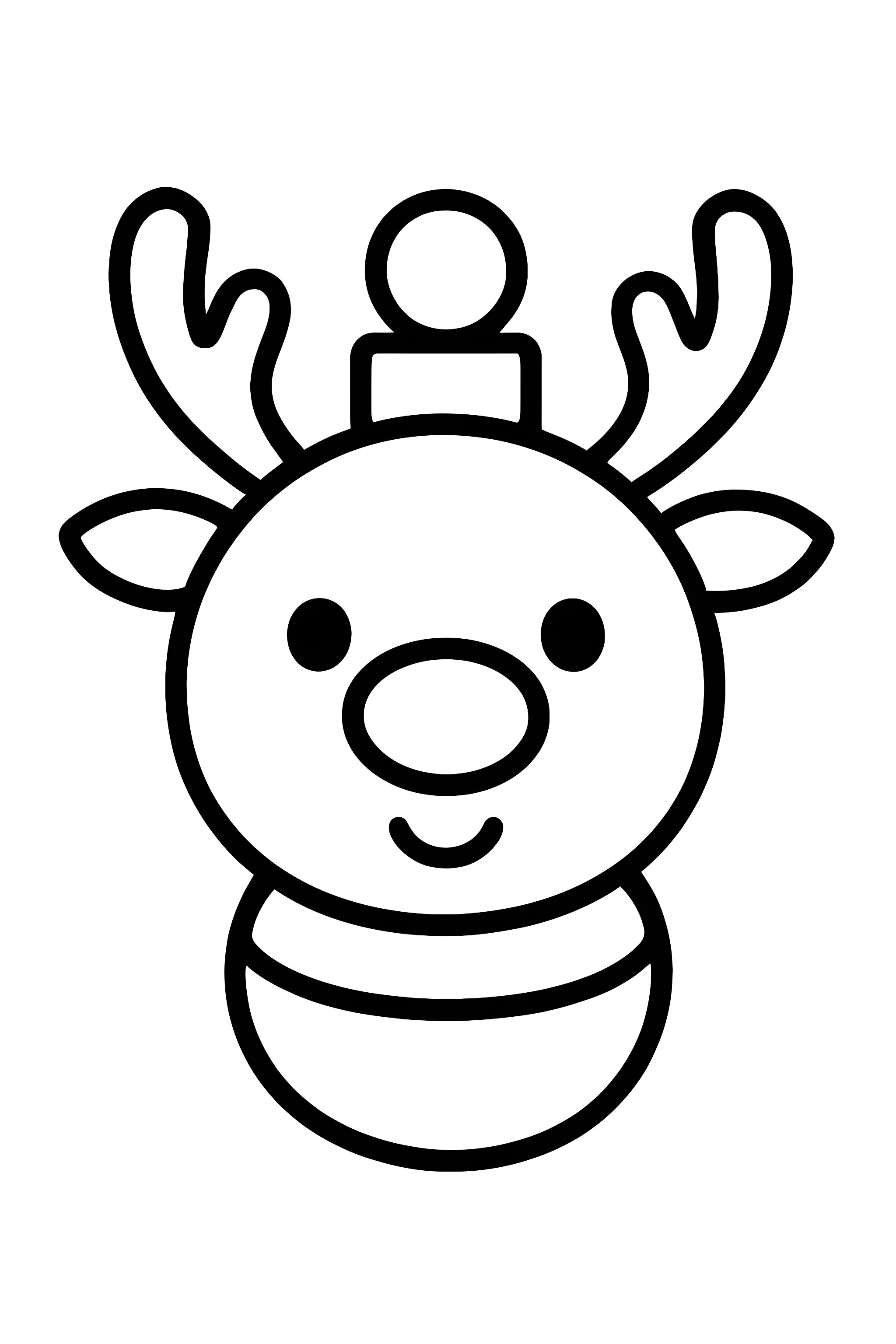 Coloring page of a cute reindeer ornament featuring a red nose, antlers, and a spherical ornament base