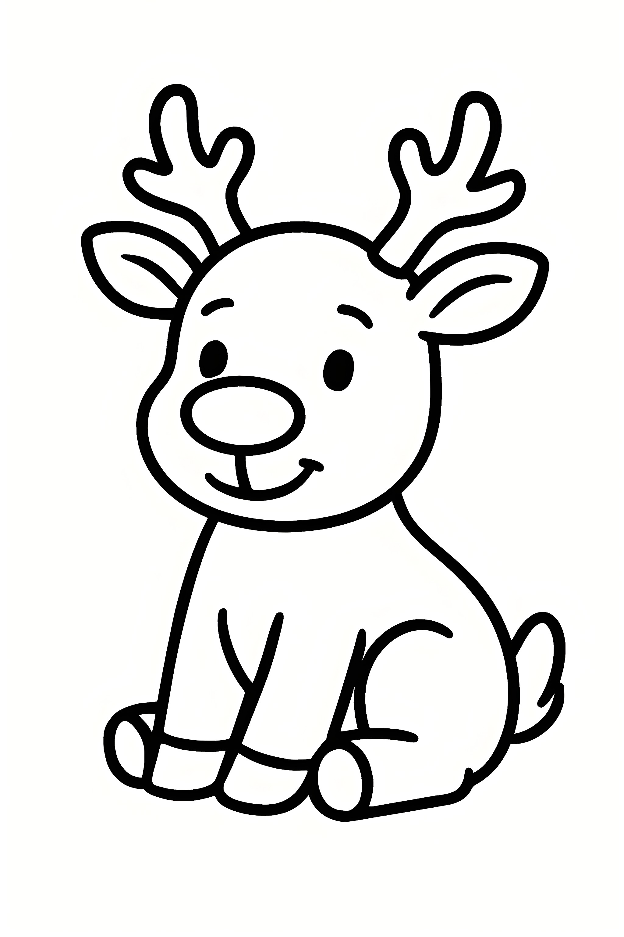 Coloring page of a cute reindeer sitting on its haunches with antlers and a friendly expression