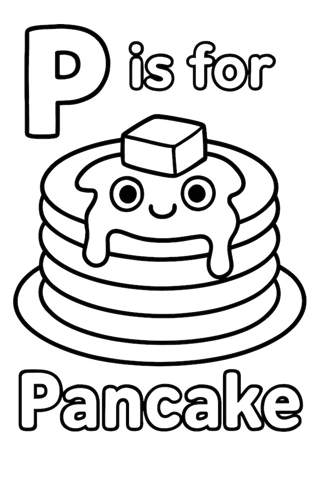 Coloring page of a smiling pancake stack with butter on top and the letter P above it