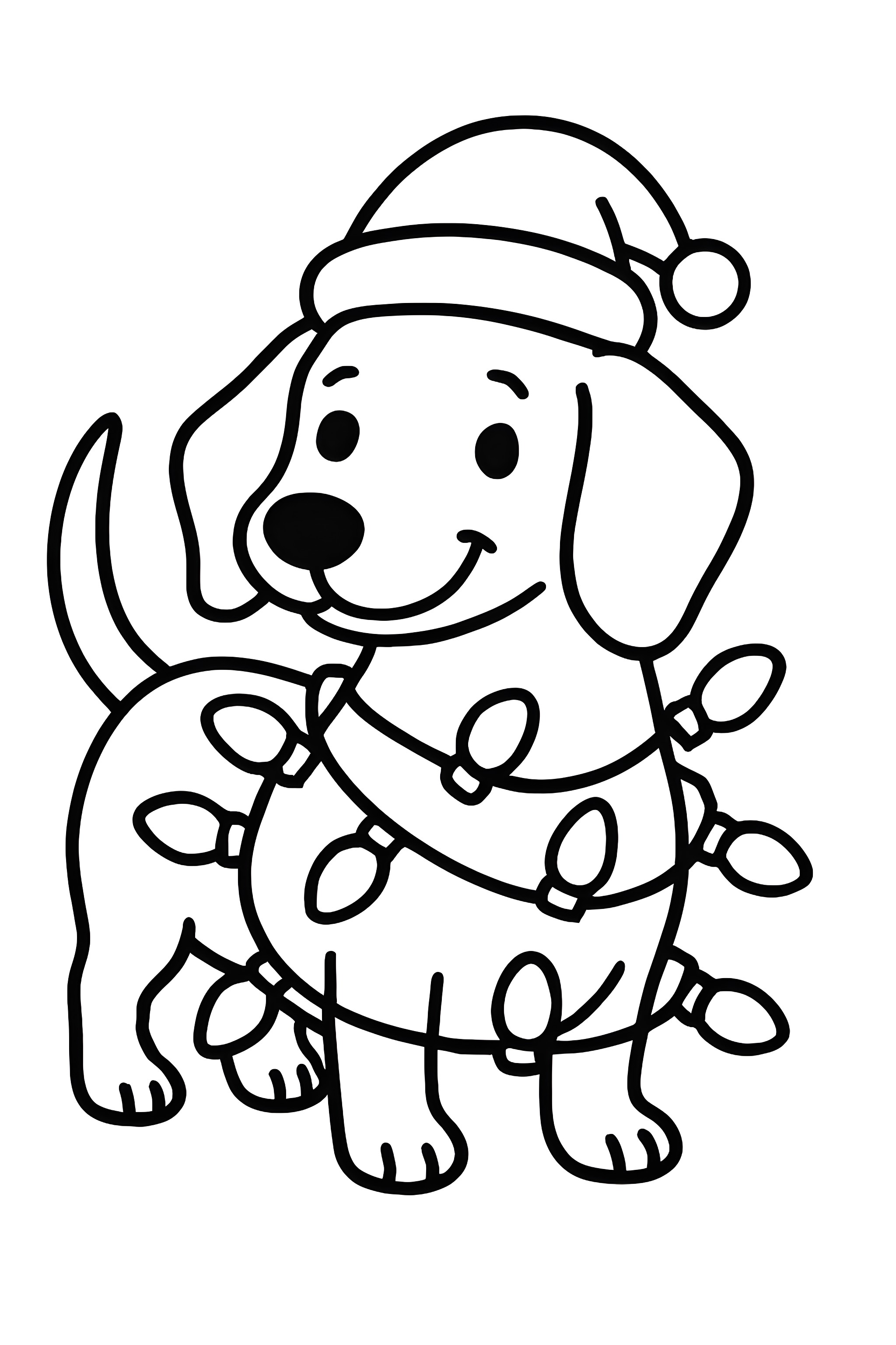 Coloring page of a Dachshund dog wearing a Santa hat and wrapped in colorful Christmas lights