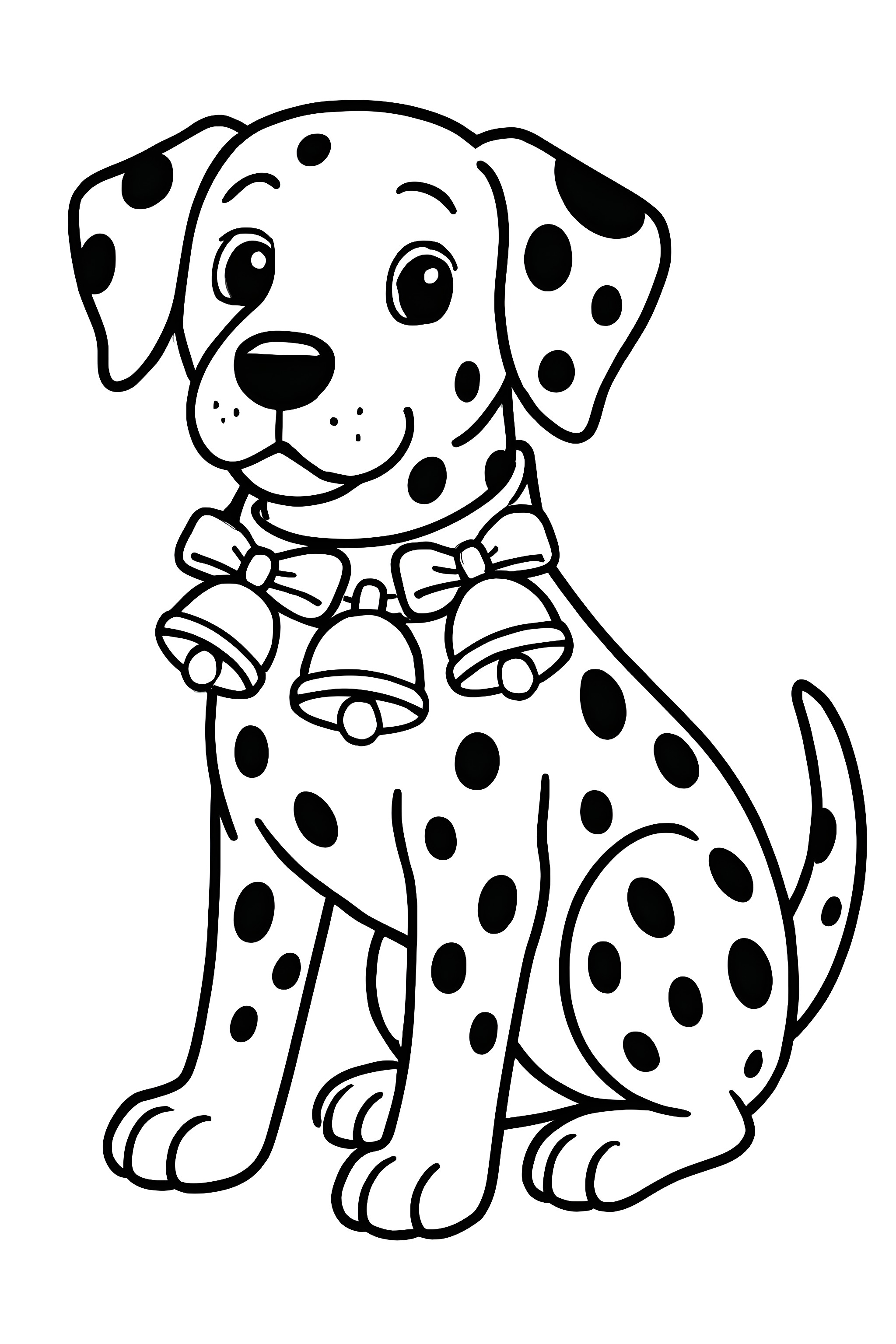 Coloring page of a Dalmatian wearing Christmas bells around its neck, sitting in a relaxed pose