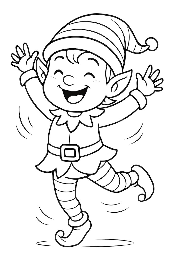 Coloring page of a joyful elf with a big smile, wearing an elf hat and striped socks, dancing with arms raised