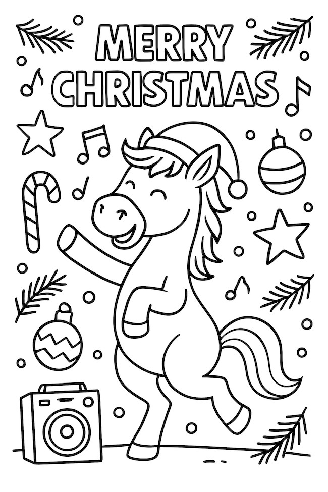 Horse wearing a Santa hat dancing joyfully with a candy cane, musical notes, and festive ornaments around