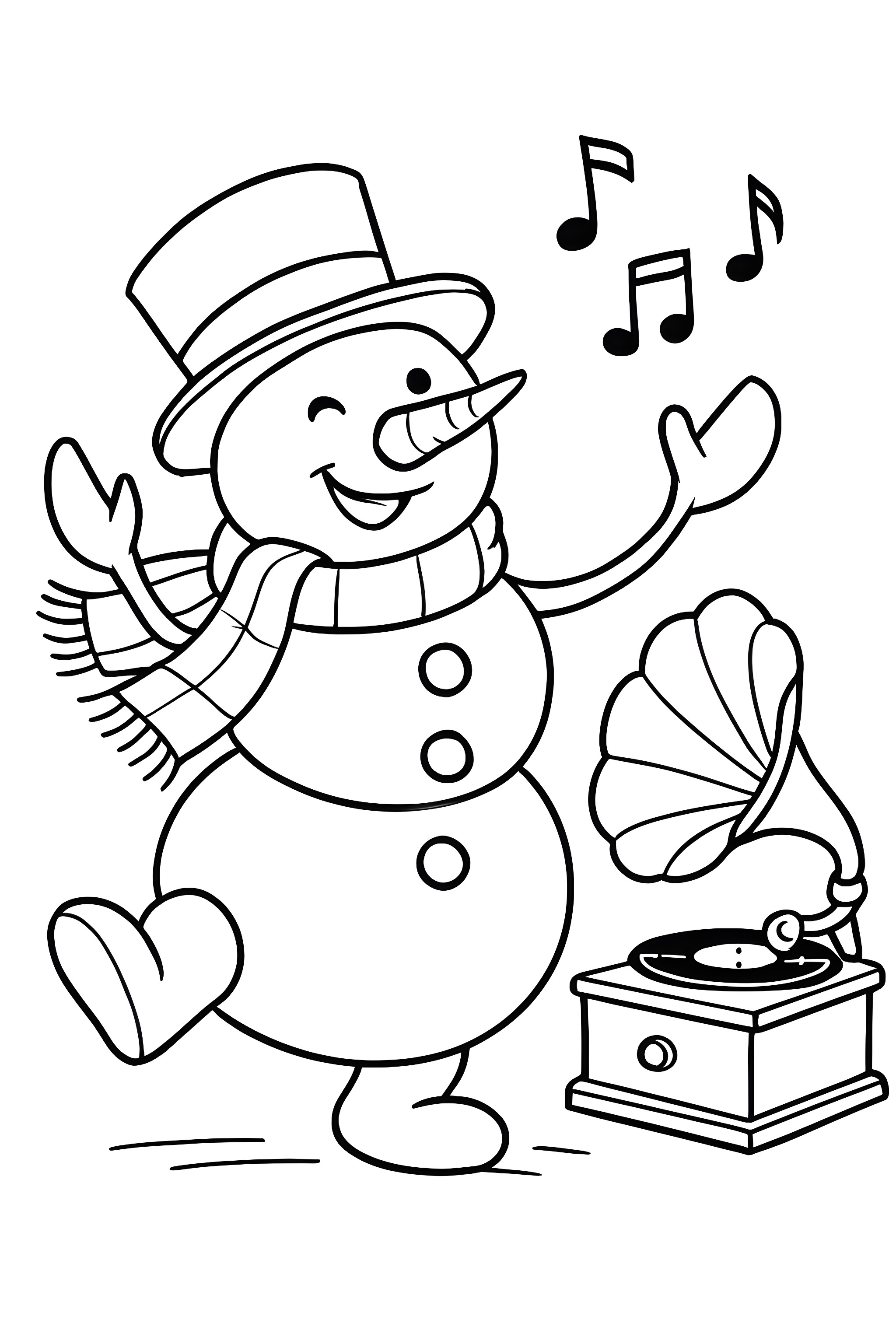 Coloring page of a snowman dancing joyfully next to a gramophone with music notes above