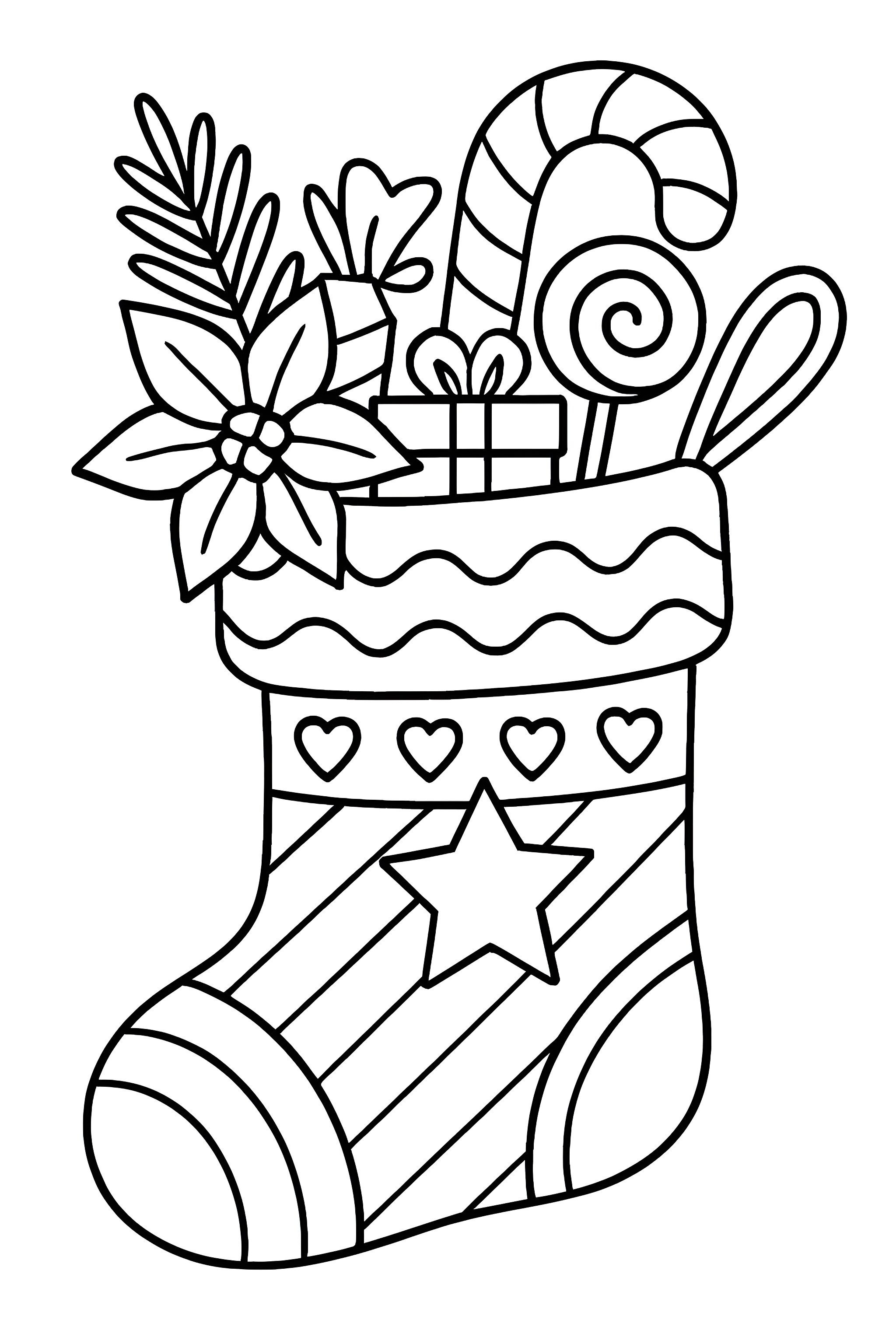 Christmas stocking filled with candy canes, gifts, and festive decorations, featuring a star shape and floral accents