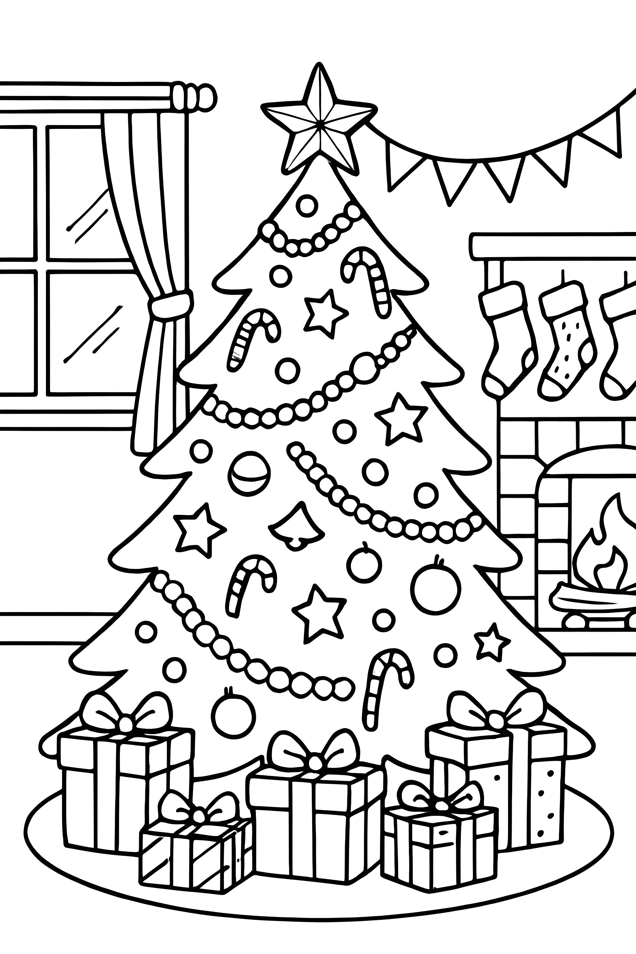 A beautifully decorated Christmas tree in a festive living room with stockings, gifts, and a fireplace