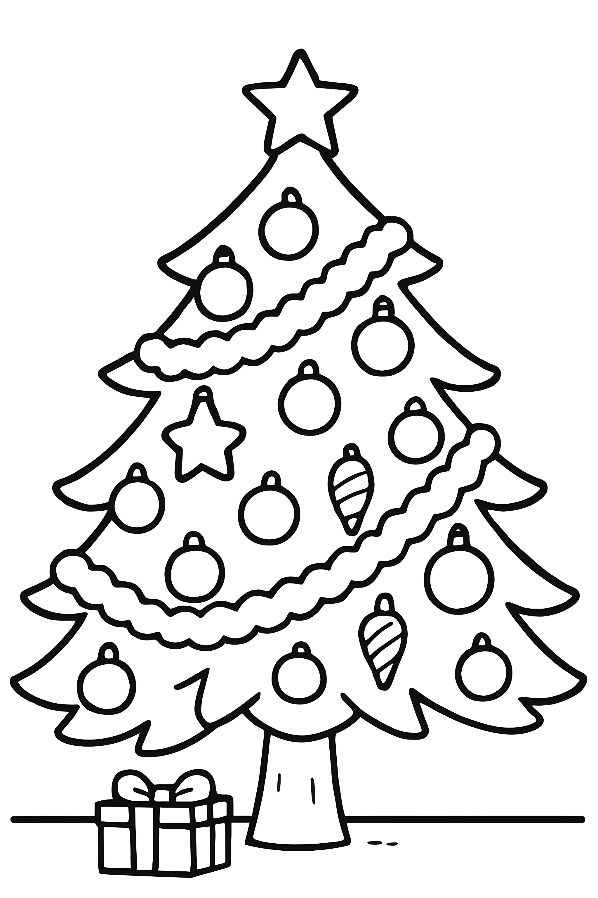 Coloring page of a Christmas tree adorned with ornaments, tinsel, and a small gift box at the base