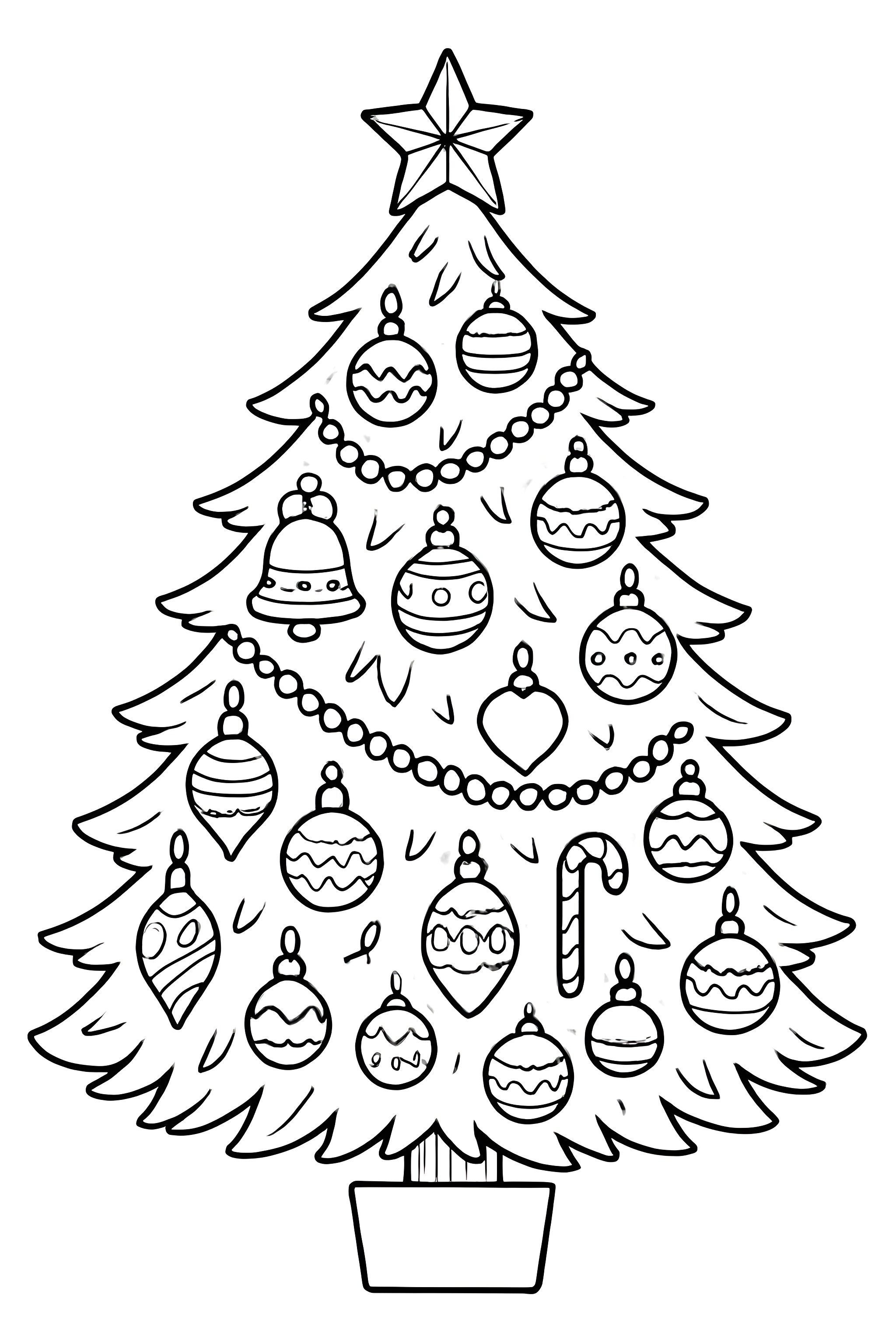 Coloring page featuring a Christmas tree decorated with various ornaments and a star on top
