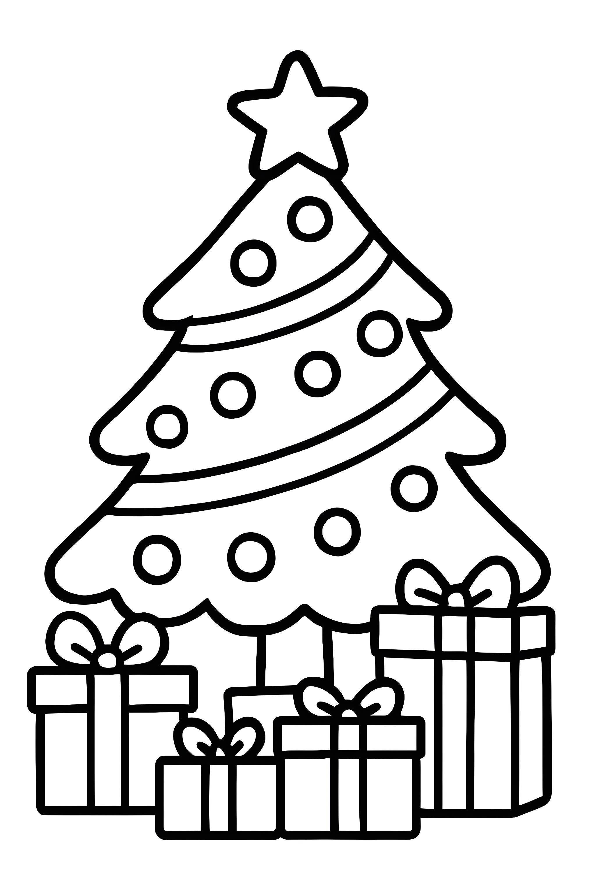 Coloring page of a Christmas tree adorned with ornaments and presents arranged beneath it