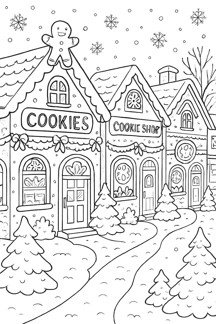 Coloring page showing a snowy village street with decorated cookie shops, trees, and snowflakes in the scene