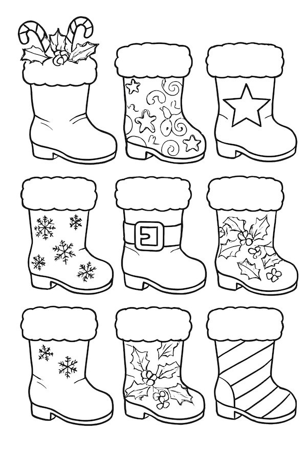 Coloring page of nine decorated Santa boots featuring various patterns and textures