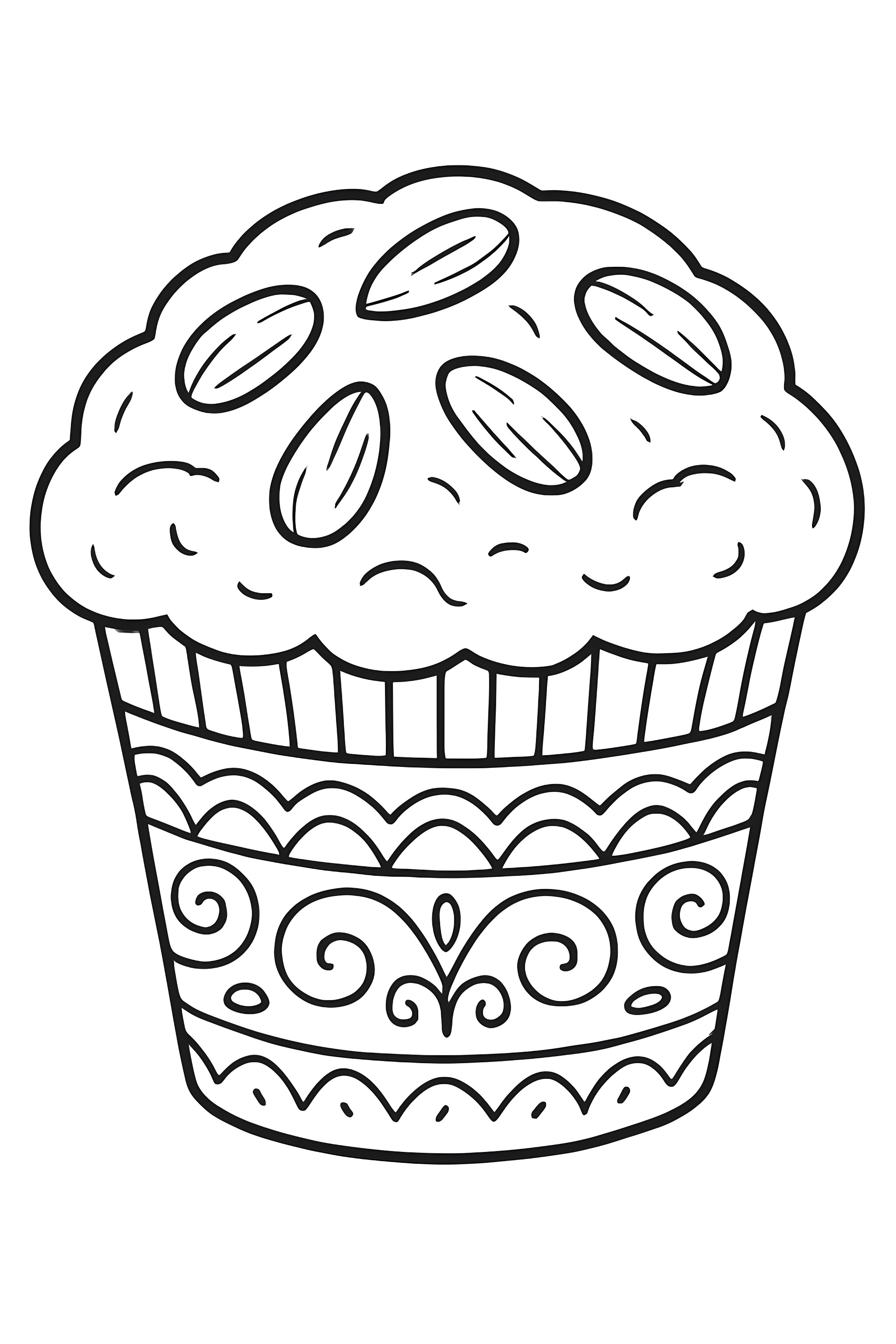 Coloring page of a muffin with almond slices on top and a decorative wrapper featuring intricate patterns