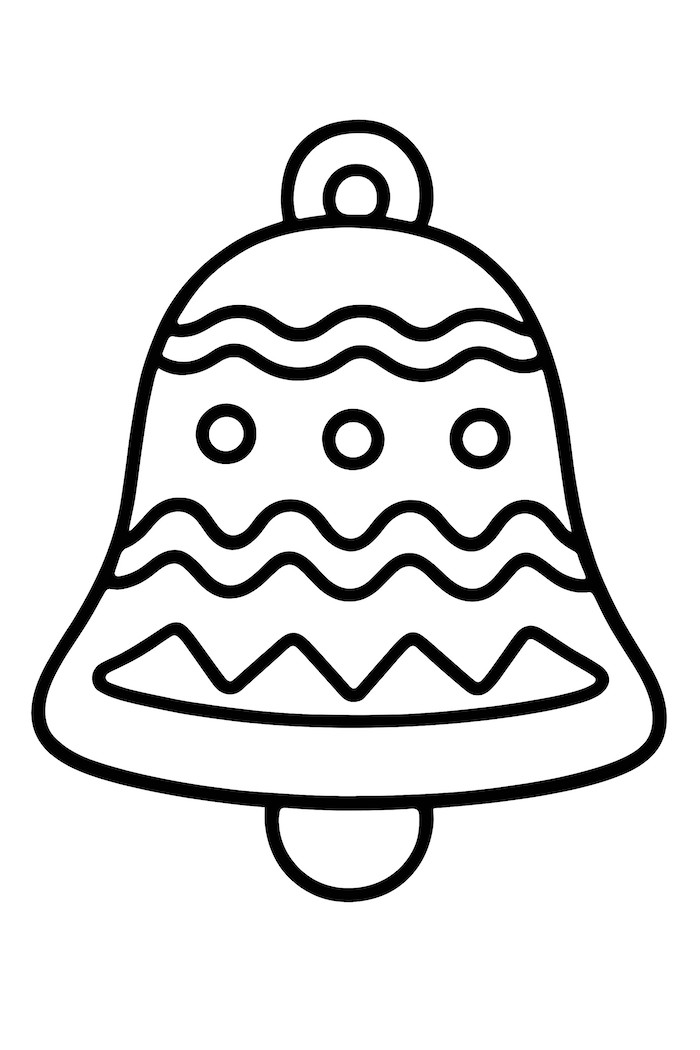 Coloring page of a Christmas bell cookie adorned with icing patterns and contours
