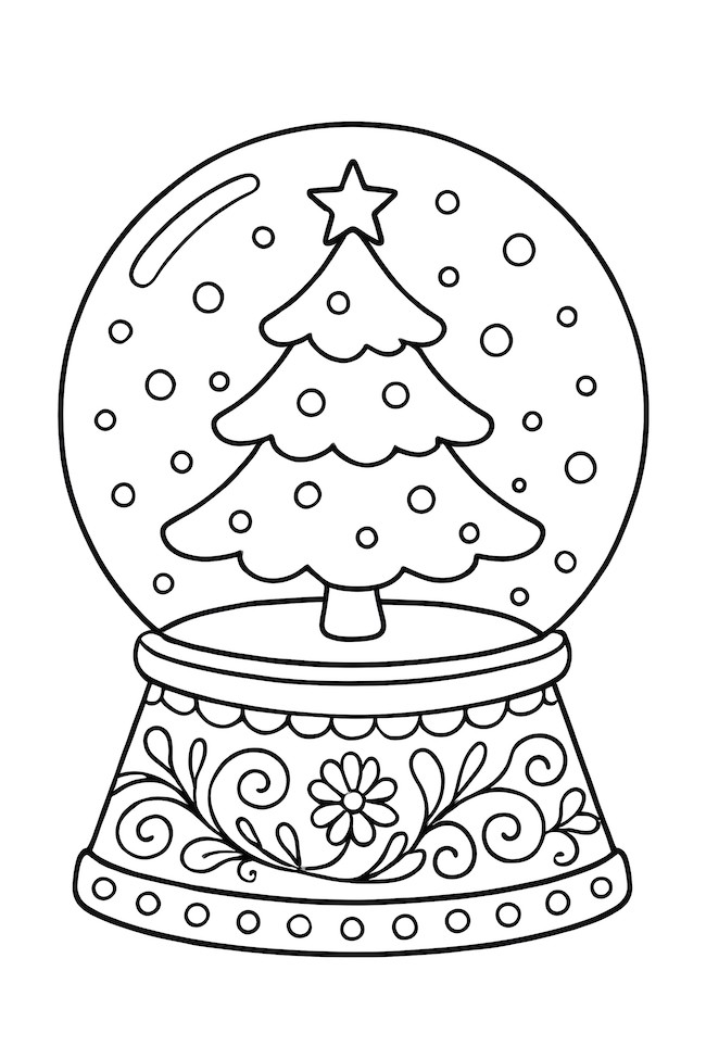 Snow globe featuring a small Christmas tree inside and decorative base with floral patterns
