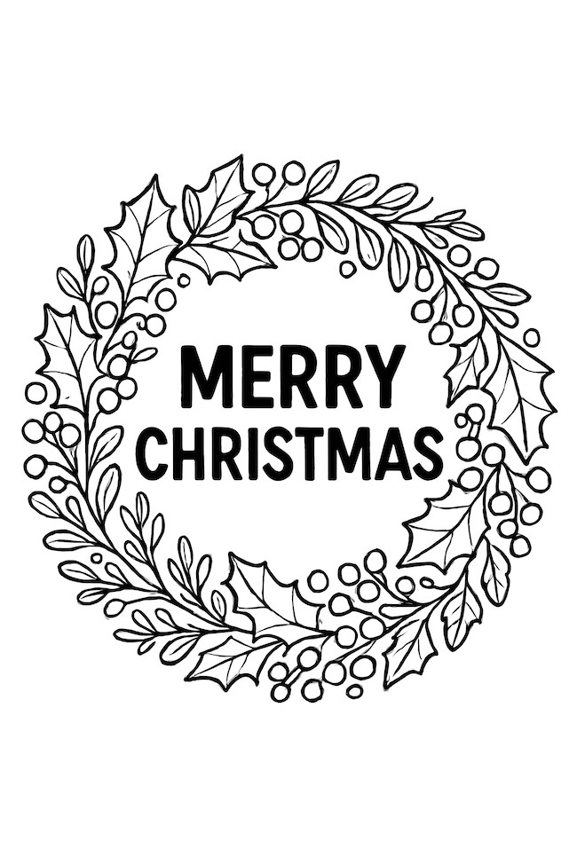 Coloring page of a Christmas wreath featuring holly leaves, various berries, and the text 'Merry Christmas'