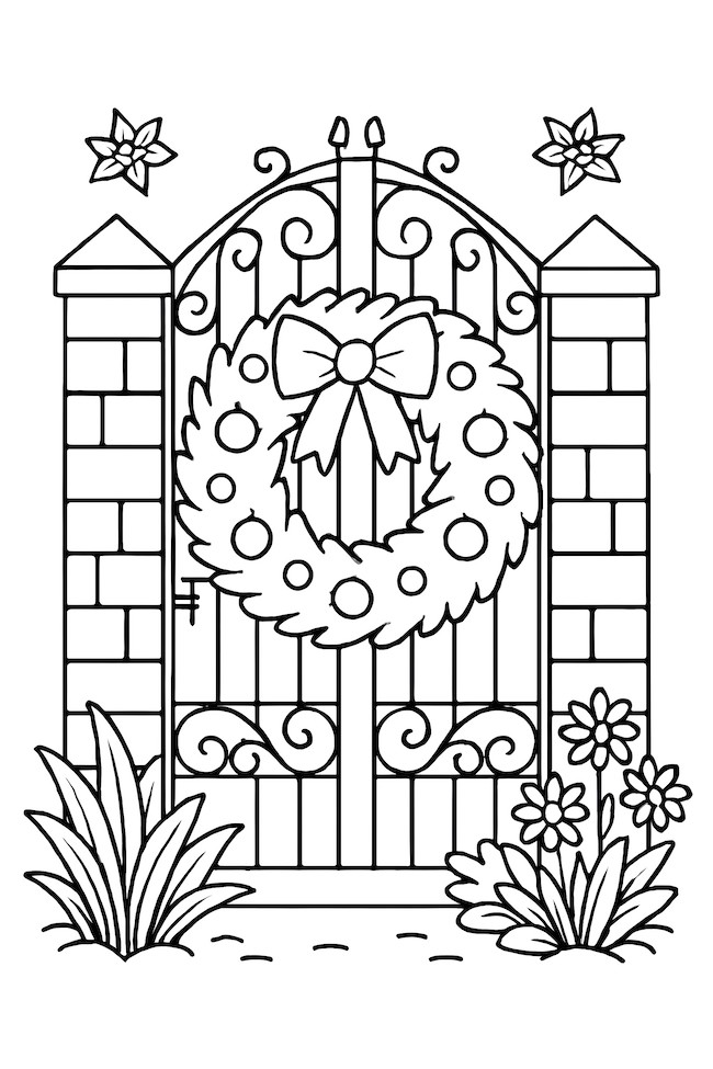 Garden gate adorned with a large Christmas wreath featuring a bow and surrounded by florals and greenery