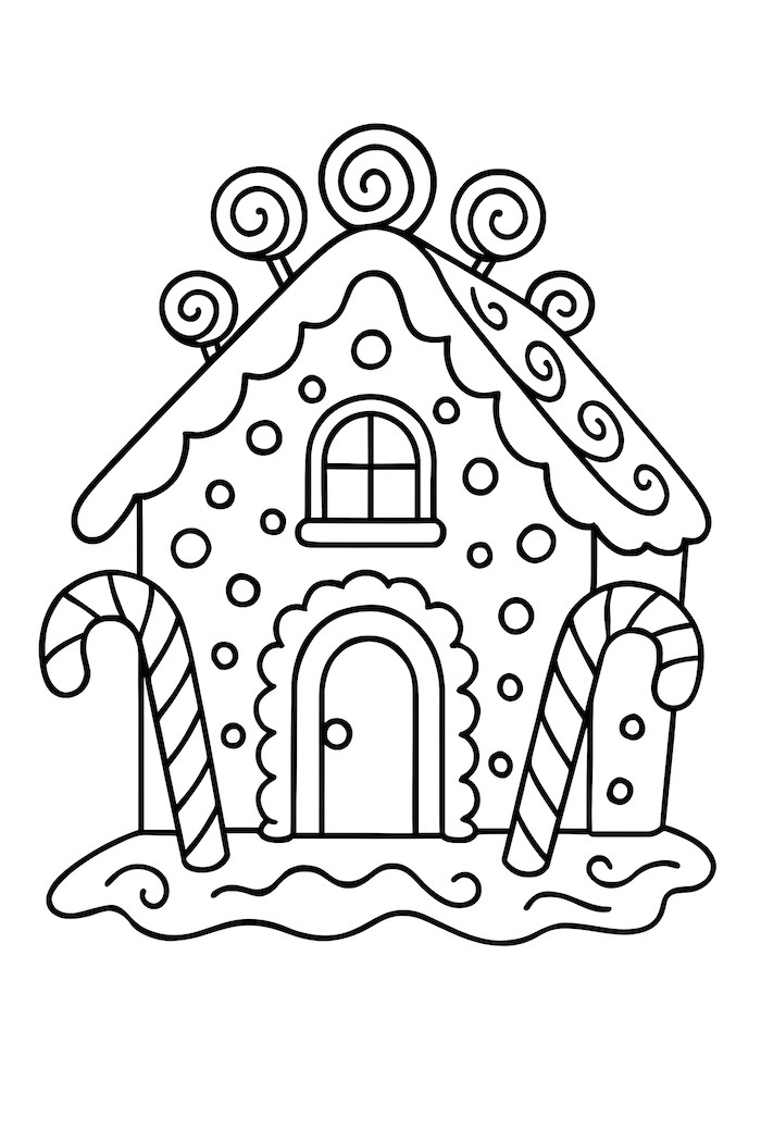 Coloring page of a gingerbread house adorned with candy canes and swirled icing, featuring circular lollipops on the roof and gumdrop embellishments.