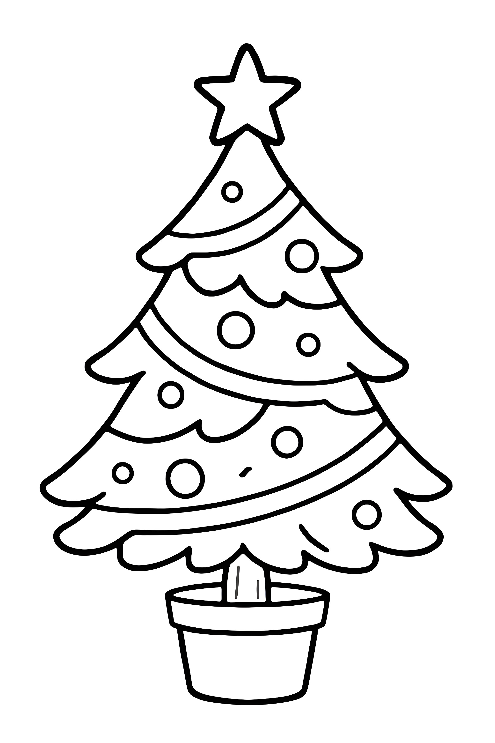 Coloring page of a miniature Christmas tree with a star on top, ornaments, and a pot