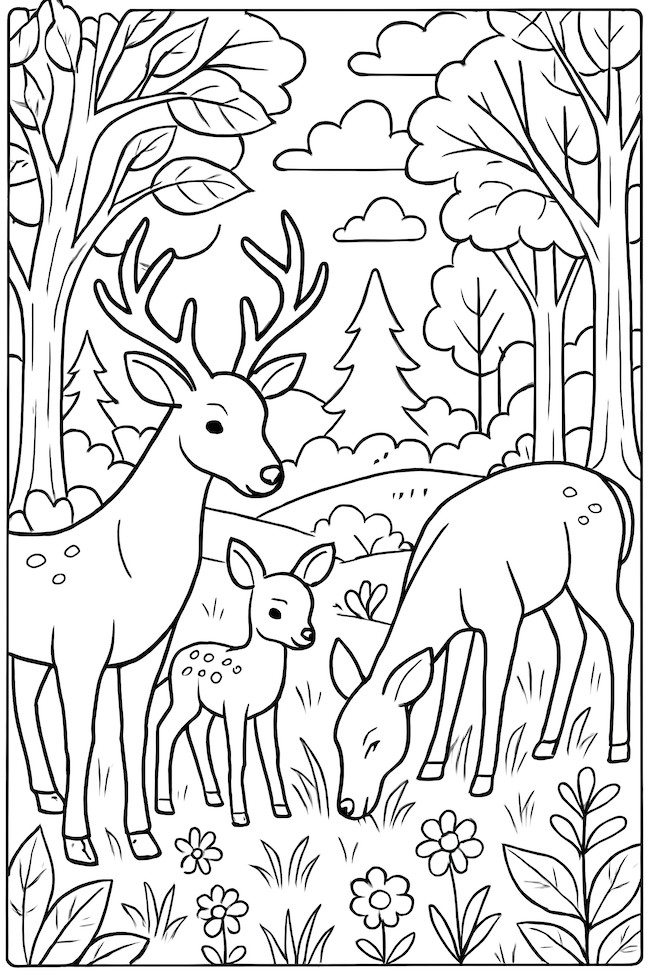 Coloring page featuring a deer family, including a buck, a doe, and a fawn grazing in a forest meadow